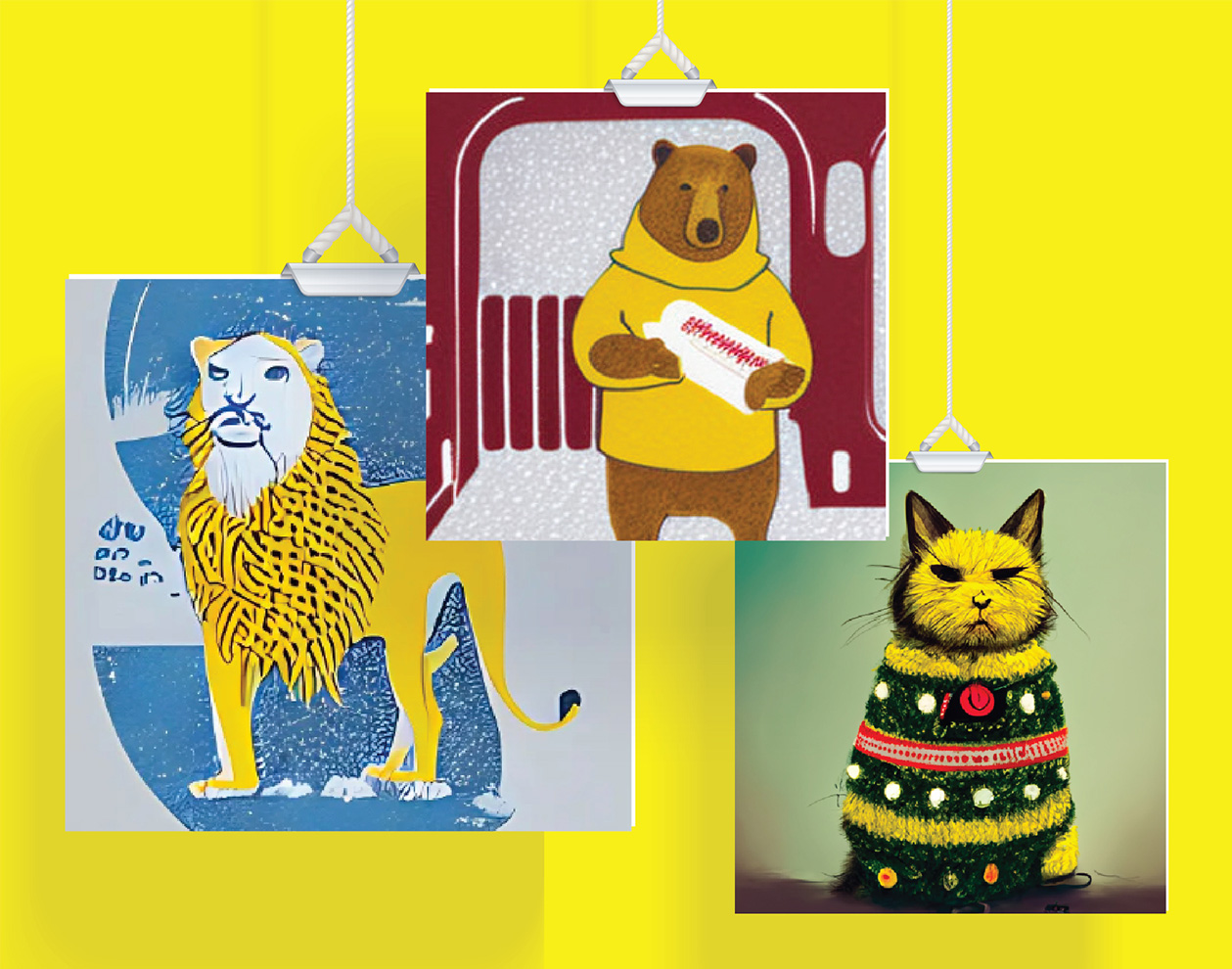A.I. generated images of a lion, a bear in sweater, and a cat in Christmas Sweater.